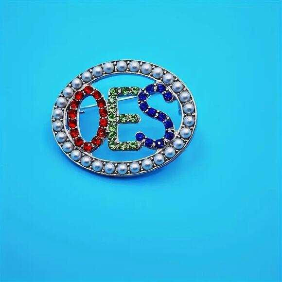 OES Eastern Star Brooch Pin with White Pearls and Multicolored Rhinestones - Picture 2 of 3